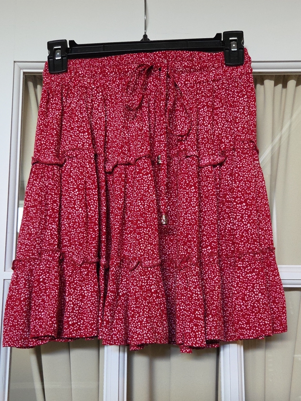 Red Tiered Drawstring Skater Skirt with White Speckle Print